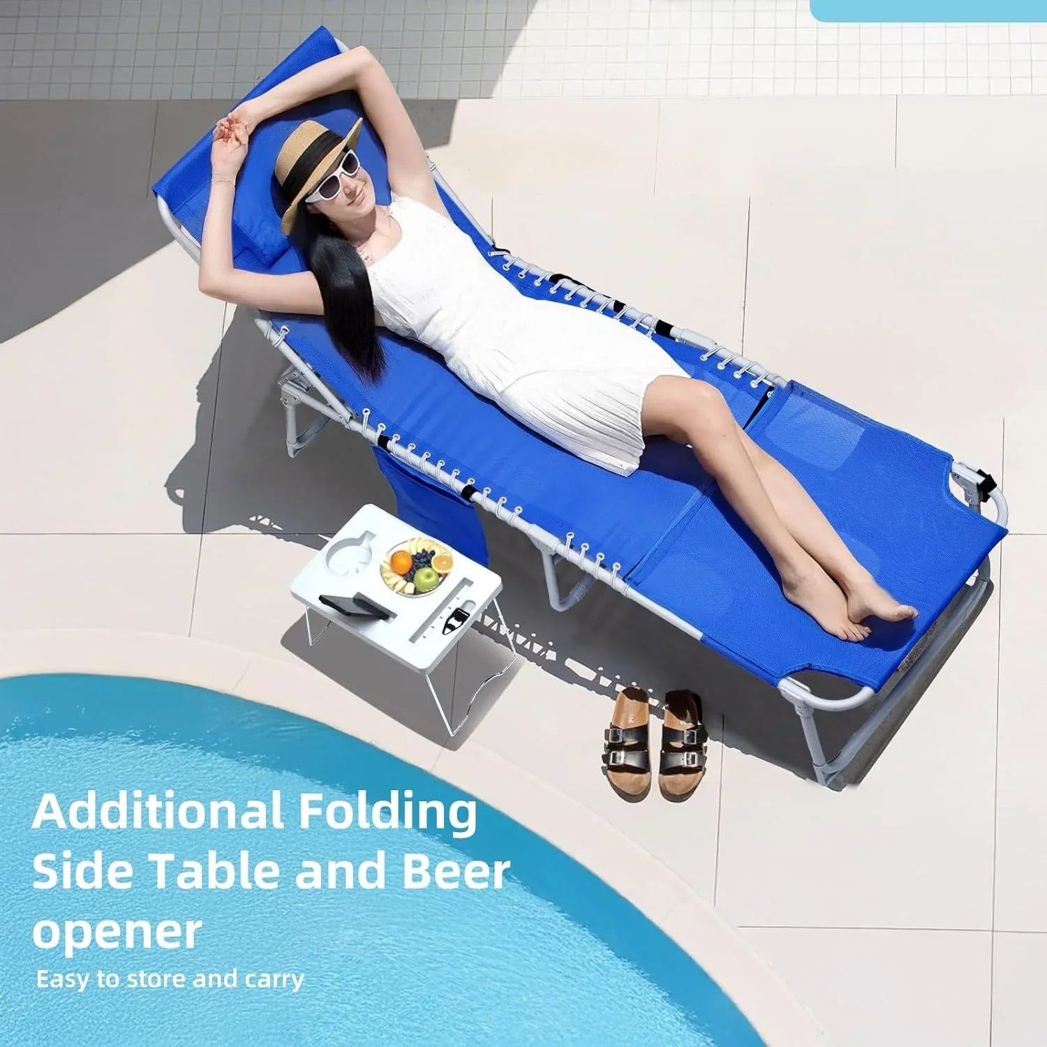 3-in-1 Outdoor Sun Tanning Lounge Chair with Face Hole �� 5-Position Recliner, Folding Side Table & Removable Pillow, 330lbs Capacity, Blue