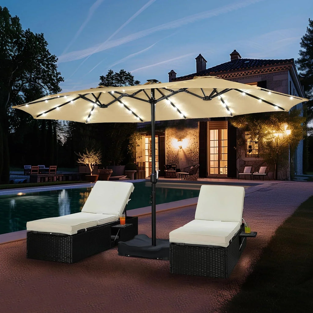 15 ft Large Patio Umbrella with Solar Lights Double-Sided Outdoor Rectangle Market Umbrellas with 36 LED Lights/Base Included/Easy Crank for Patio Garden Yard Pool Lawn, Brown