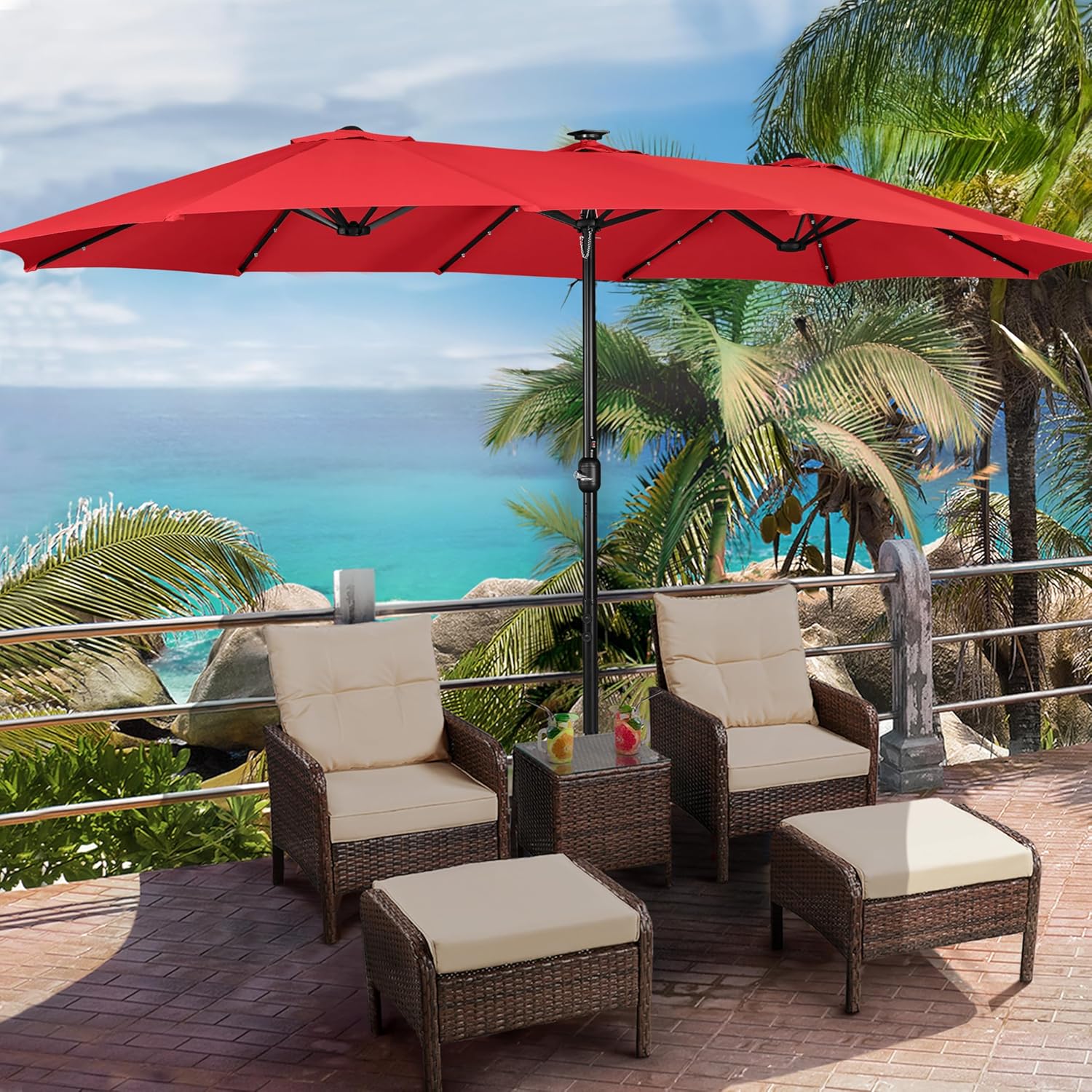 15 ft Large Patio Umbrella with Solar Lights Double-Sided Outdoor Rectangle Market Umbrellas with 36 LED Lights/Base Included/Easy Crank for Patio Garden Yard Pool Lawn, Brown