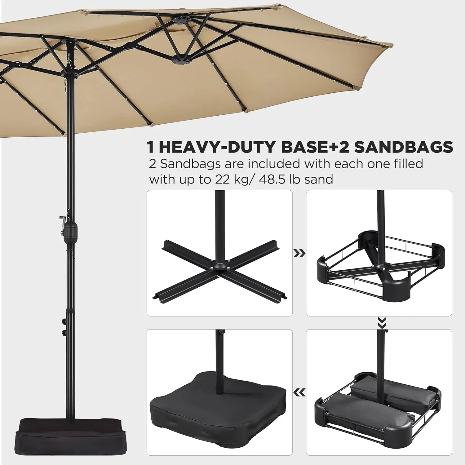 15 ft Large Patio Umbrella with Solar Lights Double-Sided Outdoor Rectangle Market Umbrellas with 36 LED Lights/Base Included/Easy Crank for Patio Garden Yard Pool Lawn, Brown