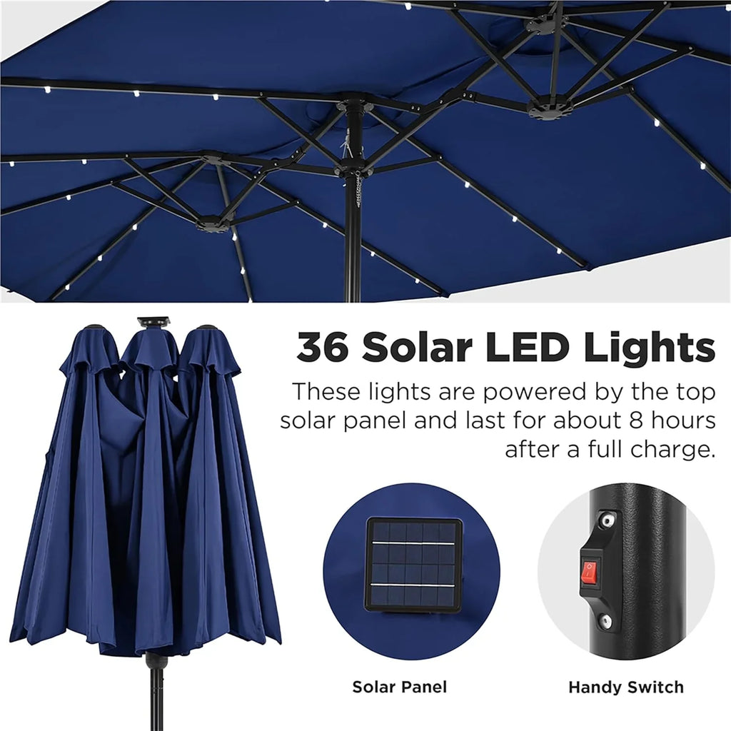 15 ft Large Patio Umbrella with Solar Lights Double-Sided Outdoor Rectangle Market Umbrellas with 36 LED Lights/Base Included/Easy Crank for Patio Garden Yard Pool Lawn, Brown