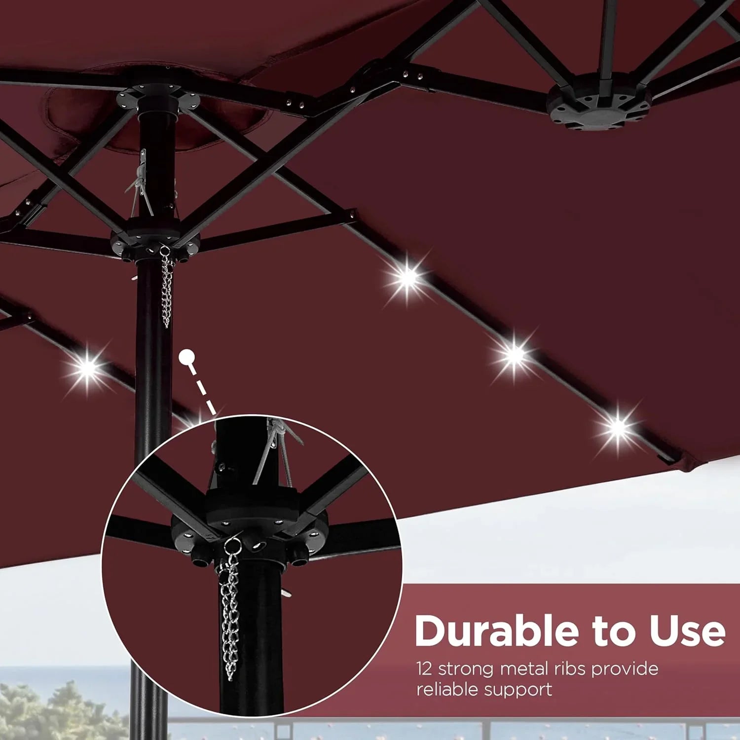 15 ft Large Patio Umbrella with Solar Lights Double-Sided Outdoor Rectangle Market Umbrellas with 36 LED Lights/Base Included/Easy Crank for Patio Garden Yard Pool Lawn, Brown