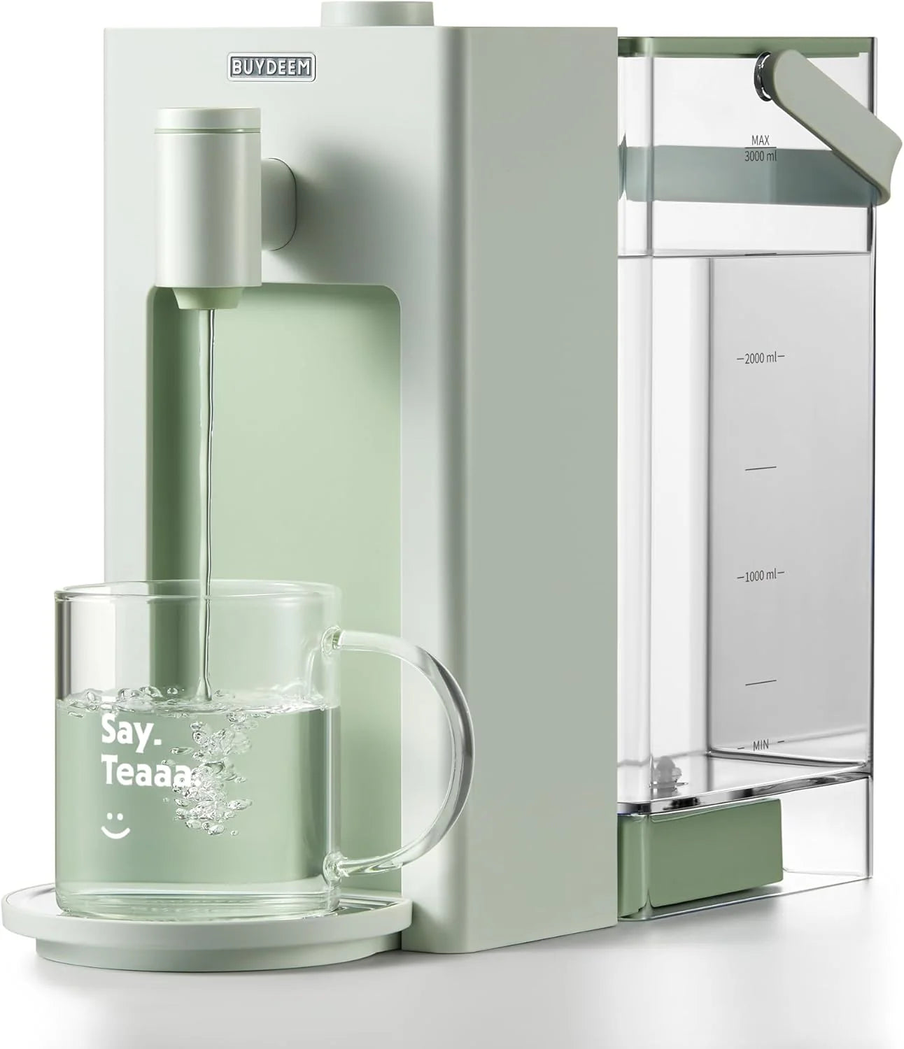 3-liter instant hot water dispenser, desktop water heater, with 8 temperature settings and 5 water volume options, quickly heats up, highly suitable for home and office use, featuring a warm and pleasant light green design.